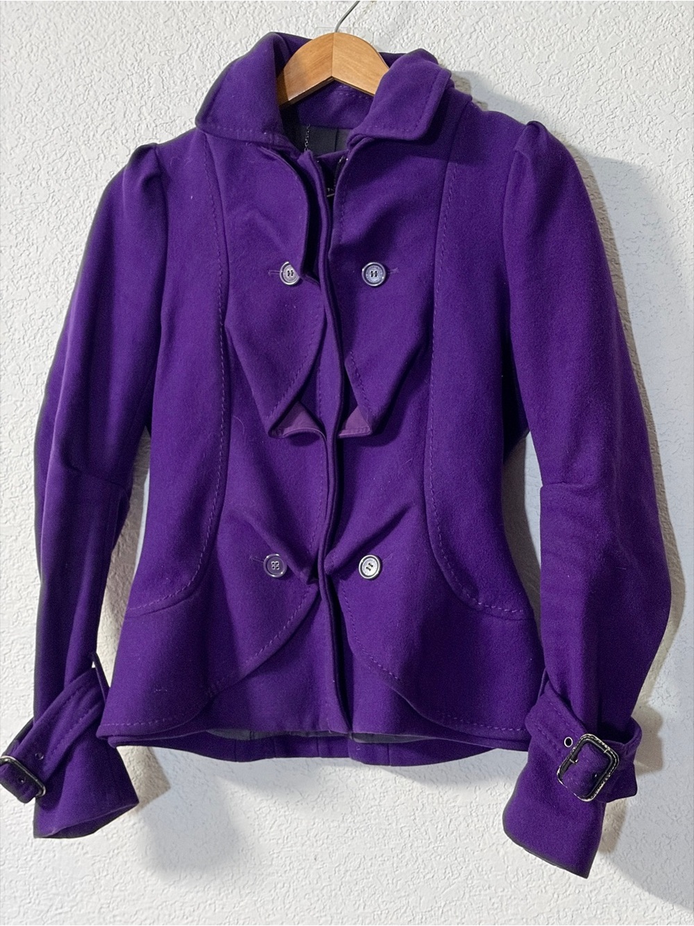 BCBGMaxAzria Purple Structured Ruffle Front Wool-Blend Coat and belted cuffs